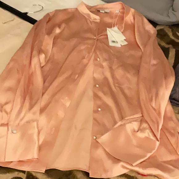 Vince Relaxed band collar button up shirt-long sleeves-large color peach Opal - Picture 6 of 8